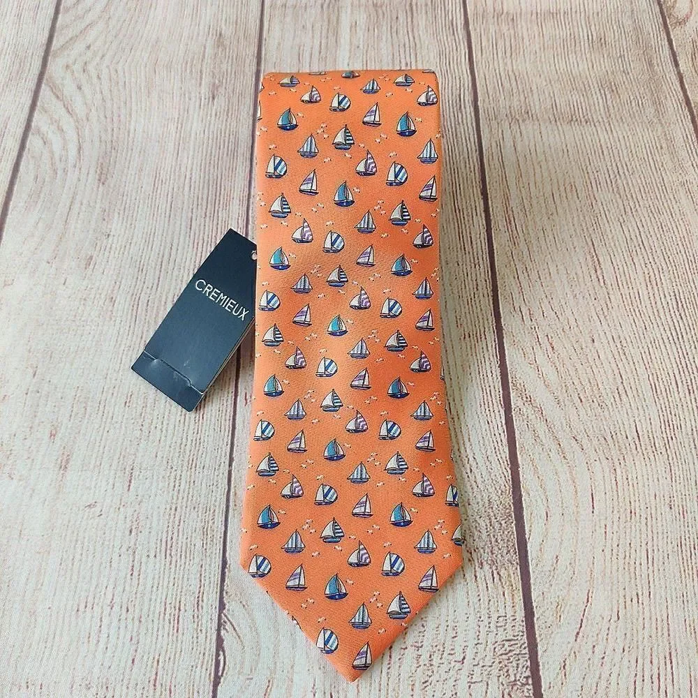 Daniel Cremieux 100% silk orange sailboat tie NWT